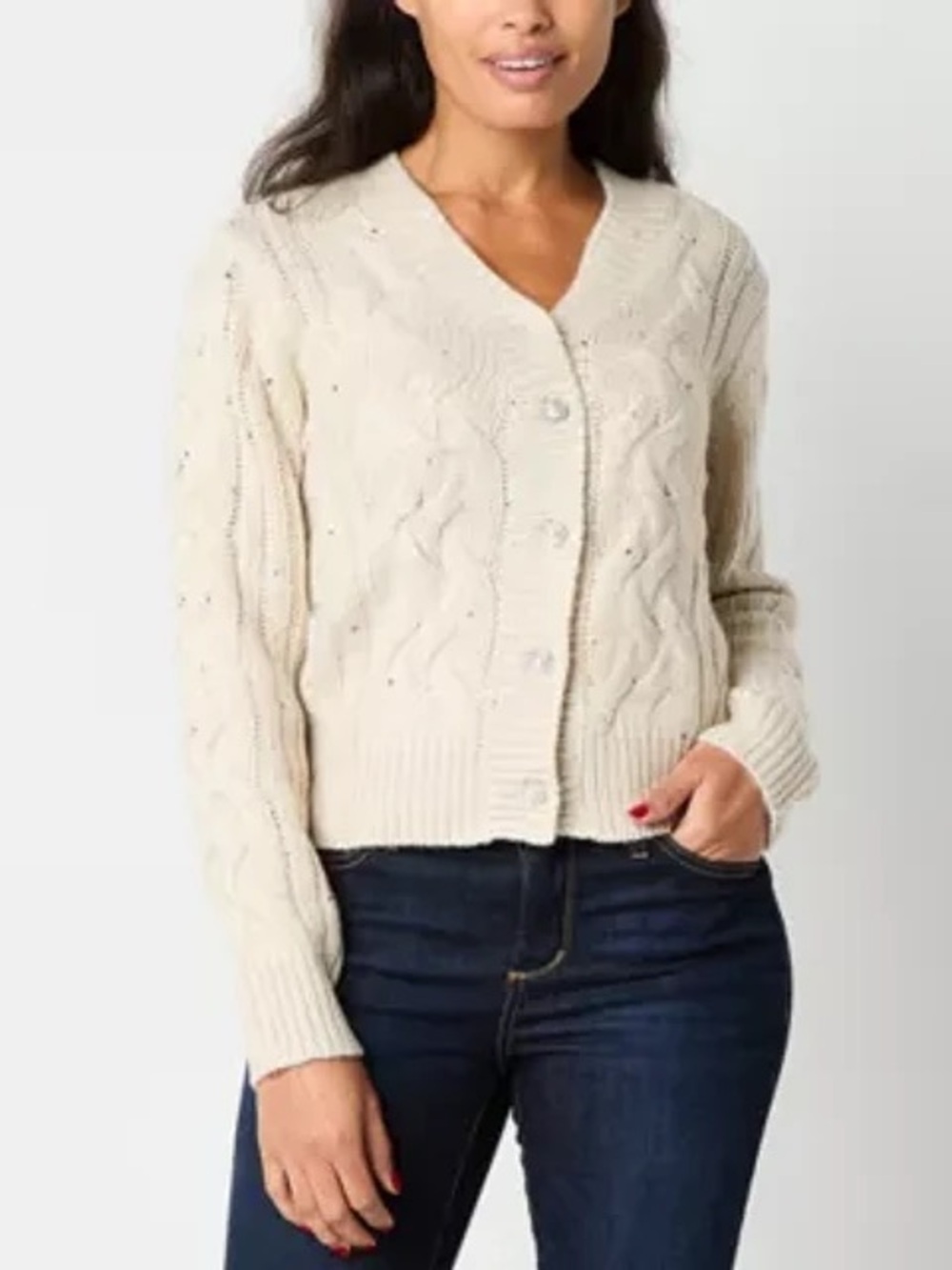 Y2K Cream Color Rhinestone Pearl Button Braided Knit V-Neck Cardigan Size S